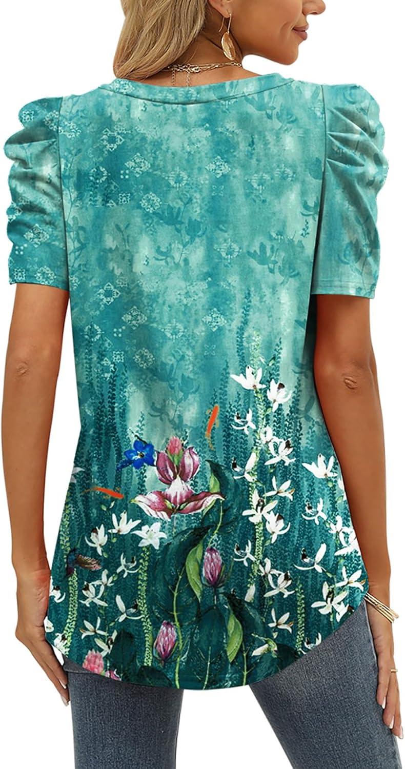 imageXIEERDUO Womens Summer Shirt V Neck Casual Tshirts Puff Sleeve Tops for Women Solid Color XS3XL22floral Green