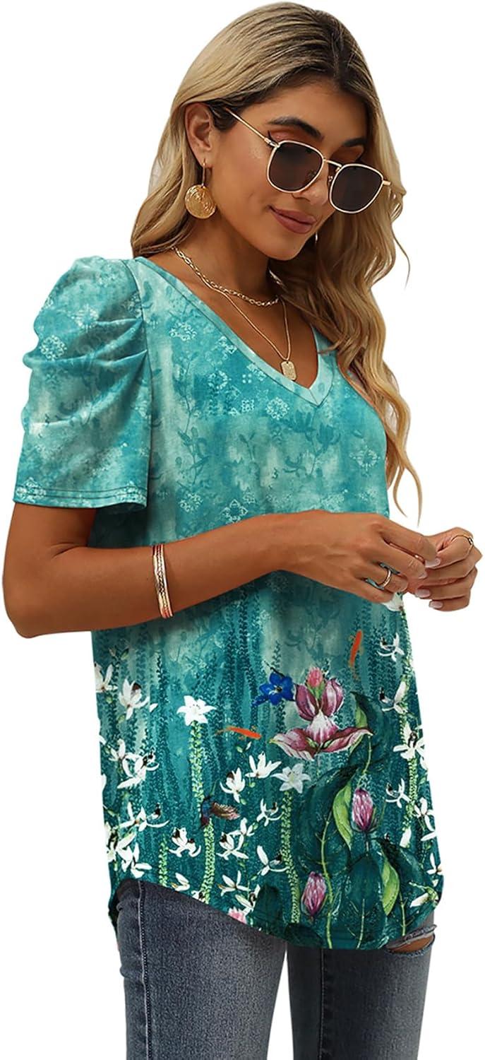 imageXIEERDUO Womens Summer Shirt V Neck Casual Tshirts Puff Sleeve Tops for Women Solid Color XS3XL22floral Green