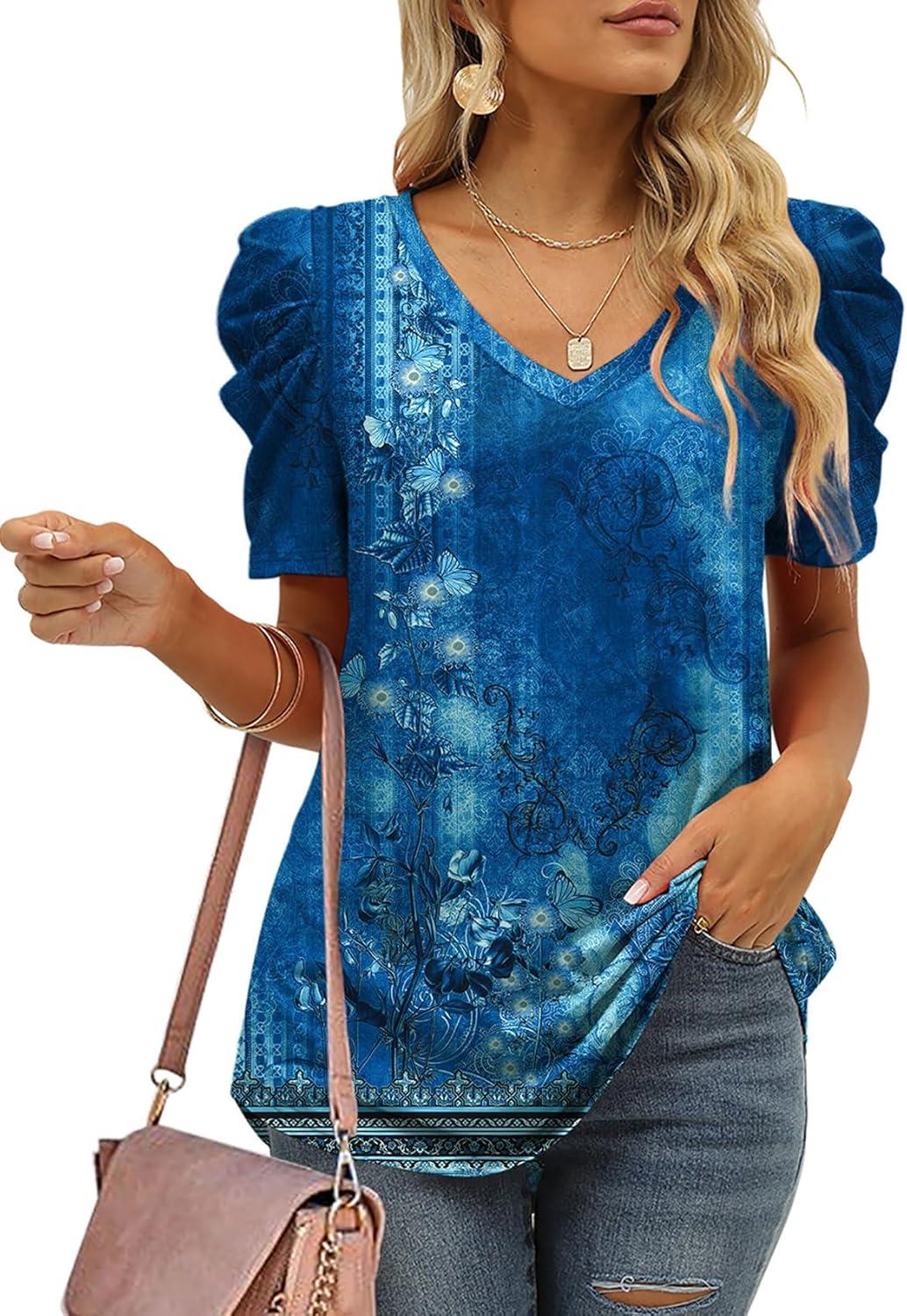 imageXIEERDUO Womens Summer Shirt V Neck Casual Tshirts Puff Sleeve Tops for Women Solid Color XS3XL22multi Navy