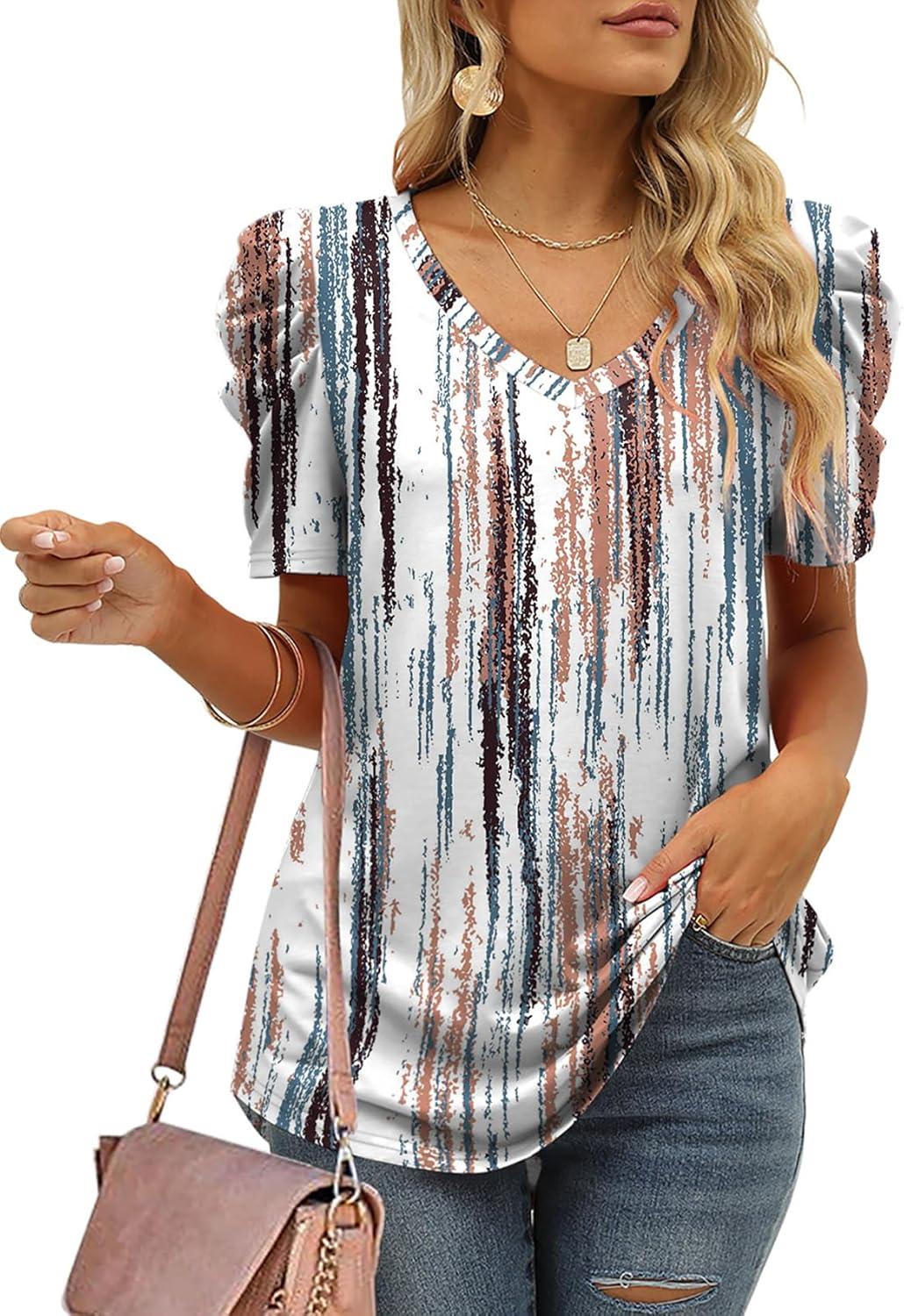 imageXIEERDUO Womens Summer Shirt V Neck Casual Tshirts Puff Sleeve Tops for Women Solid Color XS3XL22tiedye