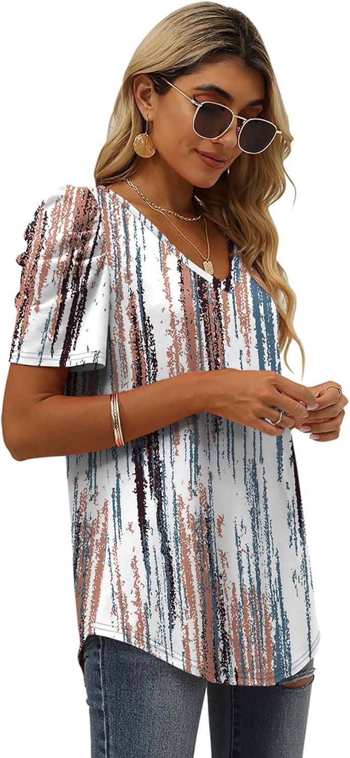 imageXIEERDUO Womens Summer Shirt V Neck Casual Tshirts Puff Sleeve Tops for Women Solid Color XS3XL22tiedye