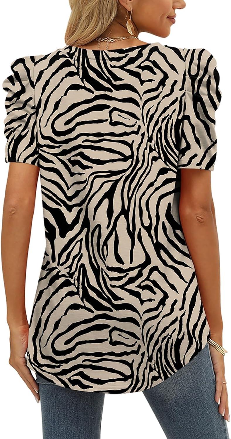 imageXIEERDUO Womens Summer Shirt V Neck Casual Tshirts Puff Sleeve Tops for Women Solid Color XS3XL23black Striped