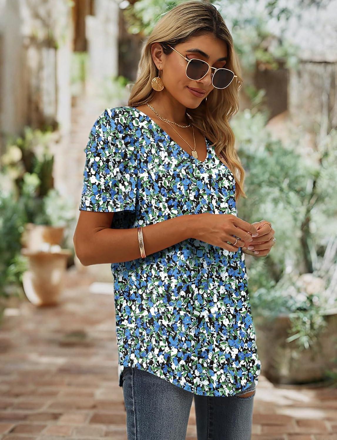 imageXIEERDUO Womens Summer Shirt V Neck Casual Tshirts Puff Sleeve Tops for Women Solid Color XS3XL24blue Print