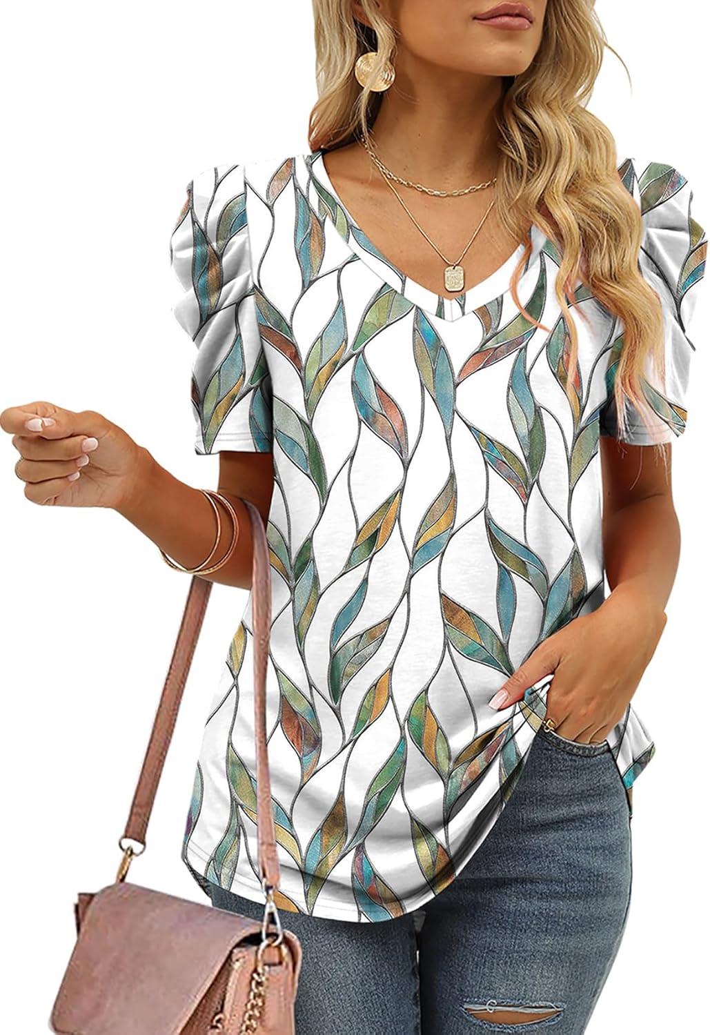 imageXIEERDUO Womens Summer Shirt V Neck Casual Tshirts Puff Sleeve Tops for Women Solid Color XS3XL24colorful Leaves