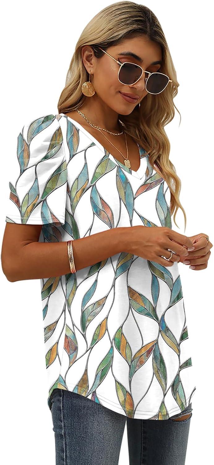 imageXIEERDUO Womens Summer Shirt V Neck Casual Tshirts Puff Sleeve Tops for Women Solid Color XS3XL24colorful Leaves
