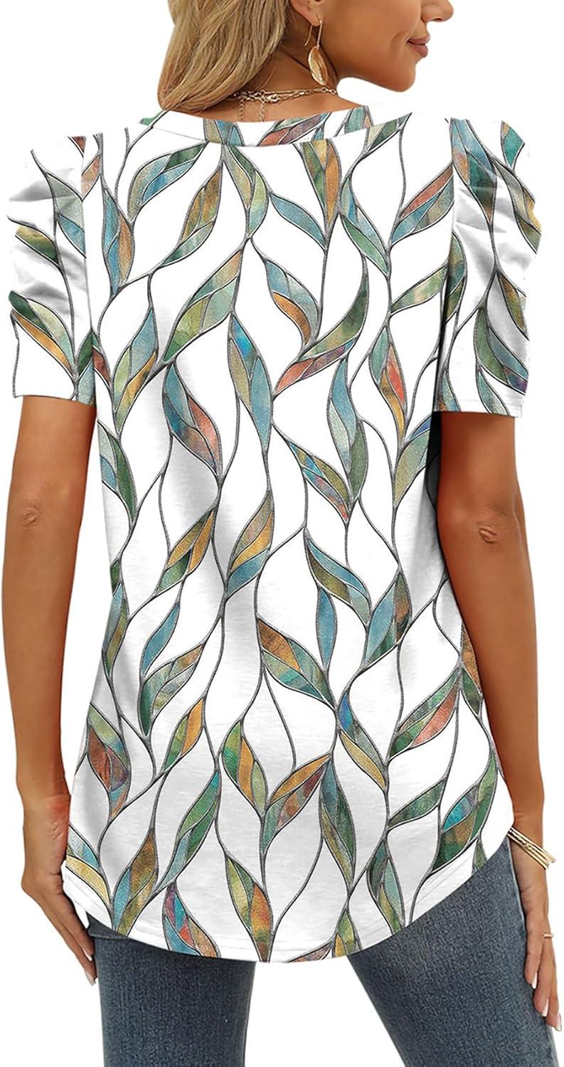 imageXIEERDUO Womens Summer Shirt V Neck Casual Tshirts Puff Sleeve Tops for Women Solid Color XS3XL24colorful Leaves