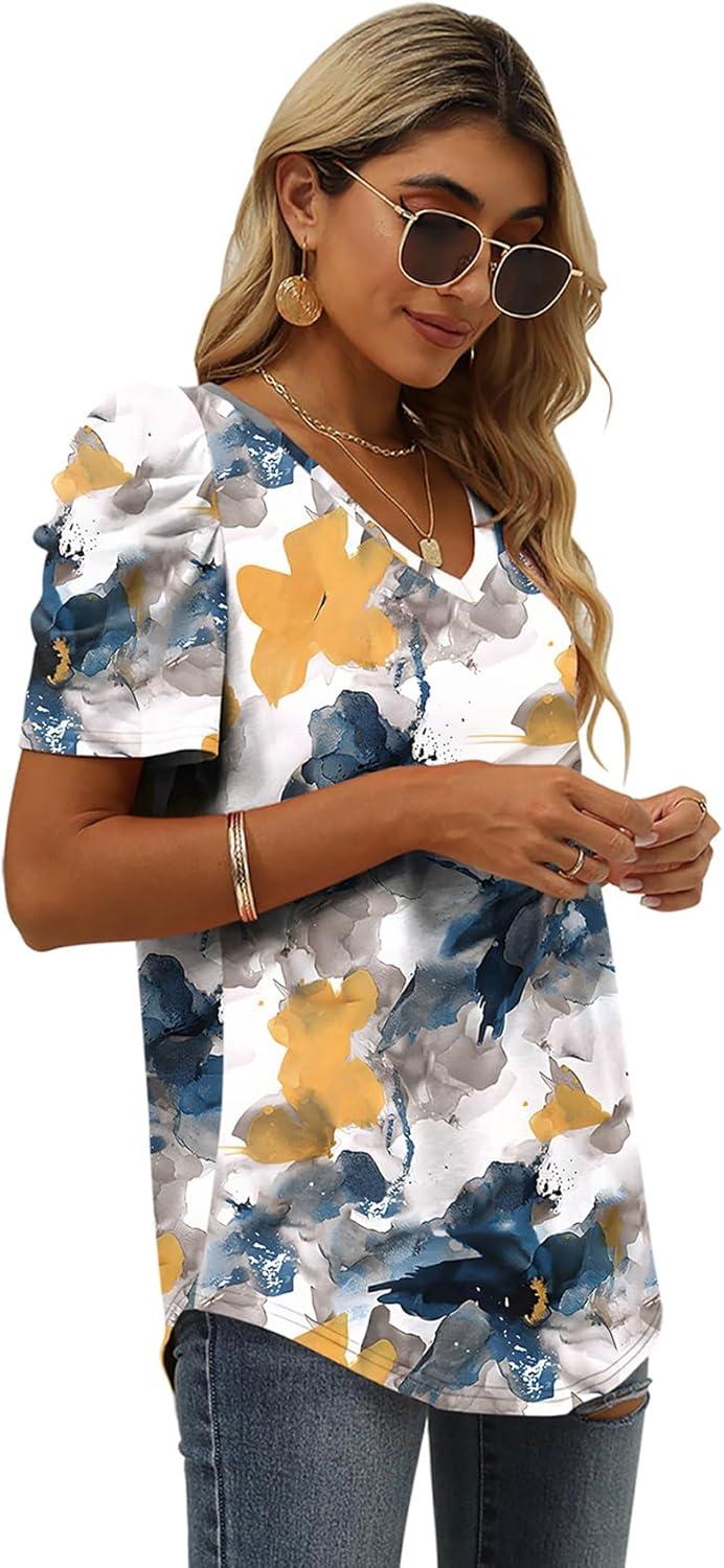 imageXIEERDUO Womens Summer Shirt V Neck Casual Tshirts Puff Sleeve Tops for Women Solid Color XS3XL24multi Teal