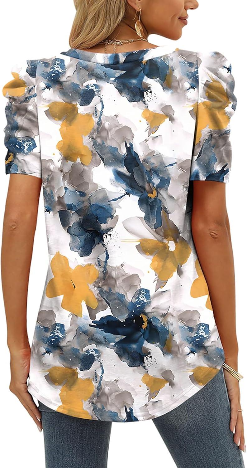 imageXIEERDUO Womens Summer Shirt V Neck Casual Tshirts Puff Sleeve Tops for Women Solid Color XS3XL24multi Teal