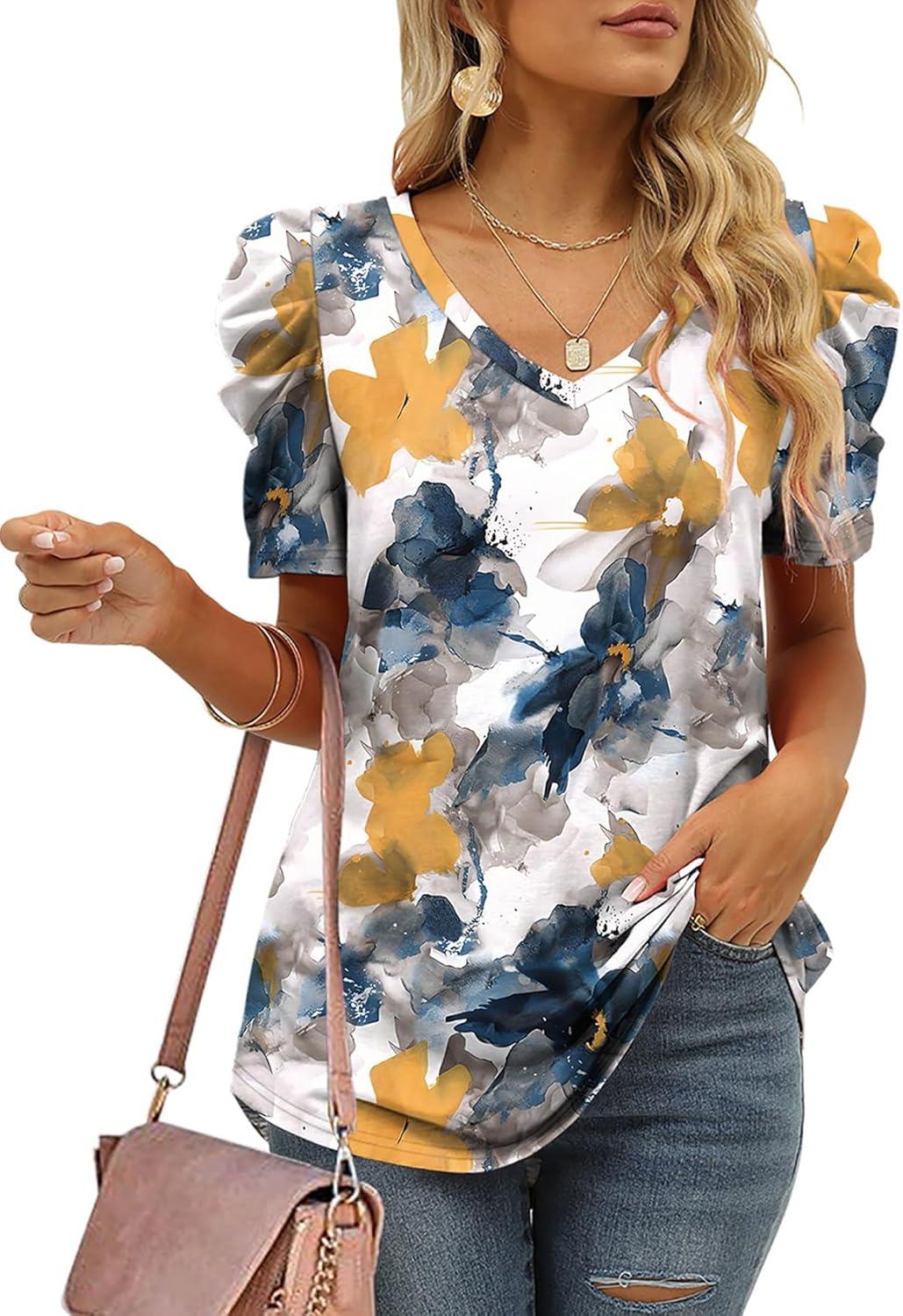 imageXIEERDUO Womens Summer Shirt V Neck Casual Tshirts Puff Sleeve Tops for Women Solid Color XS3XL24multi Teal