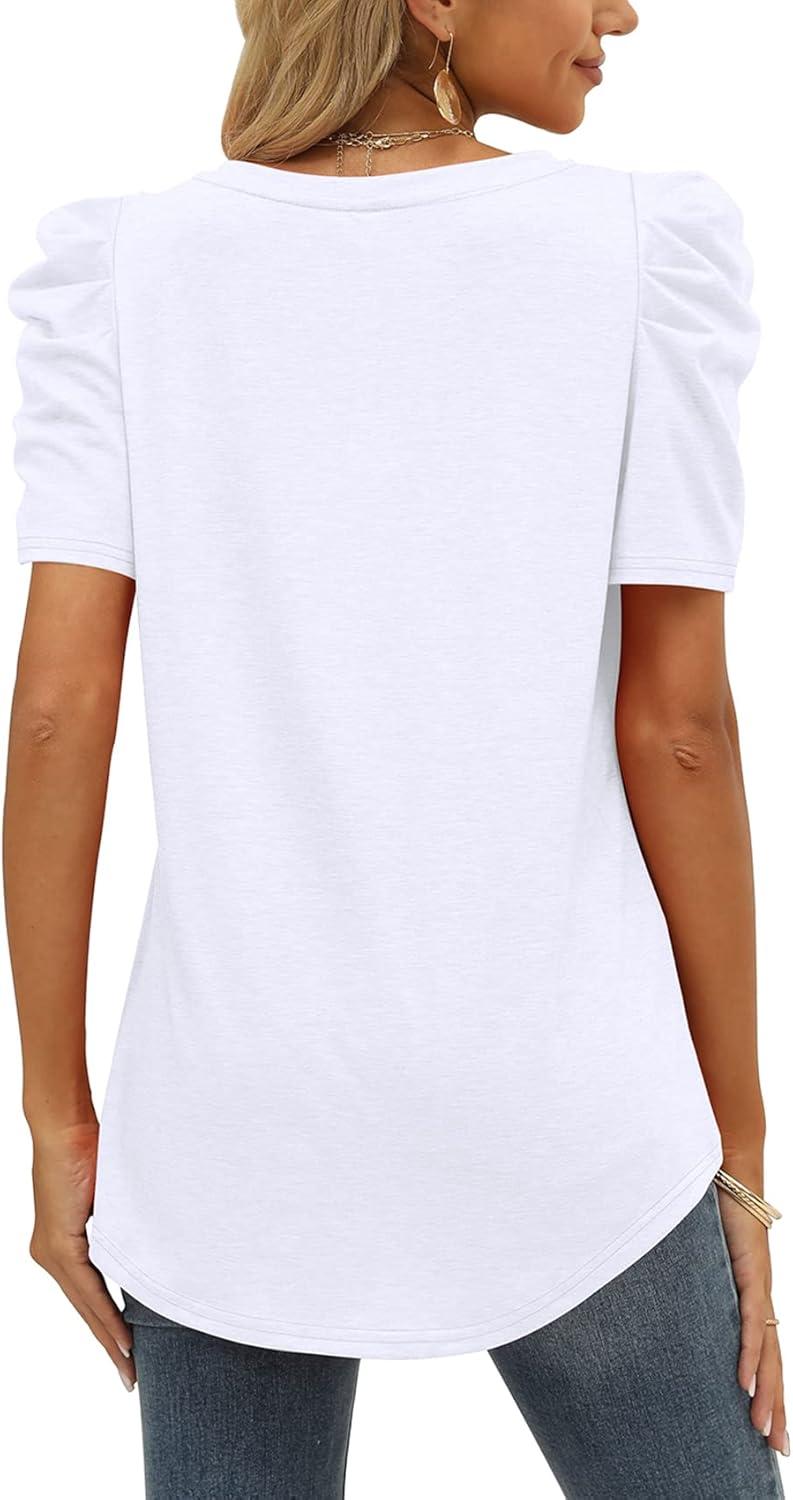 imageXIEERDUO Womens Summer Shirt V Neck Casual Tshirts Puff Sleeve Tops for Women Solid Color XS3XLWhite