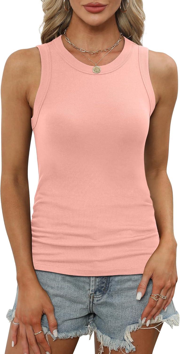 imageXIEERDUO Womens Summer Tank Tops Racerback High Neck Basic Casual Slim Fit Sleeveless 3 Pack053 Pack Black Beige Pink