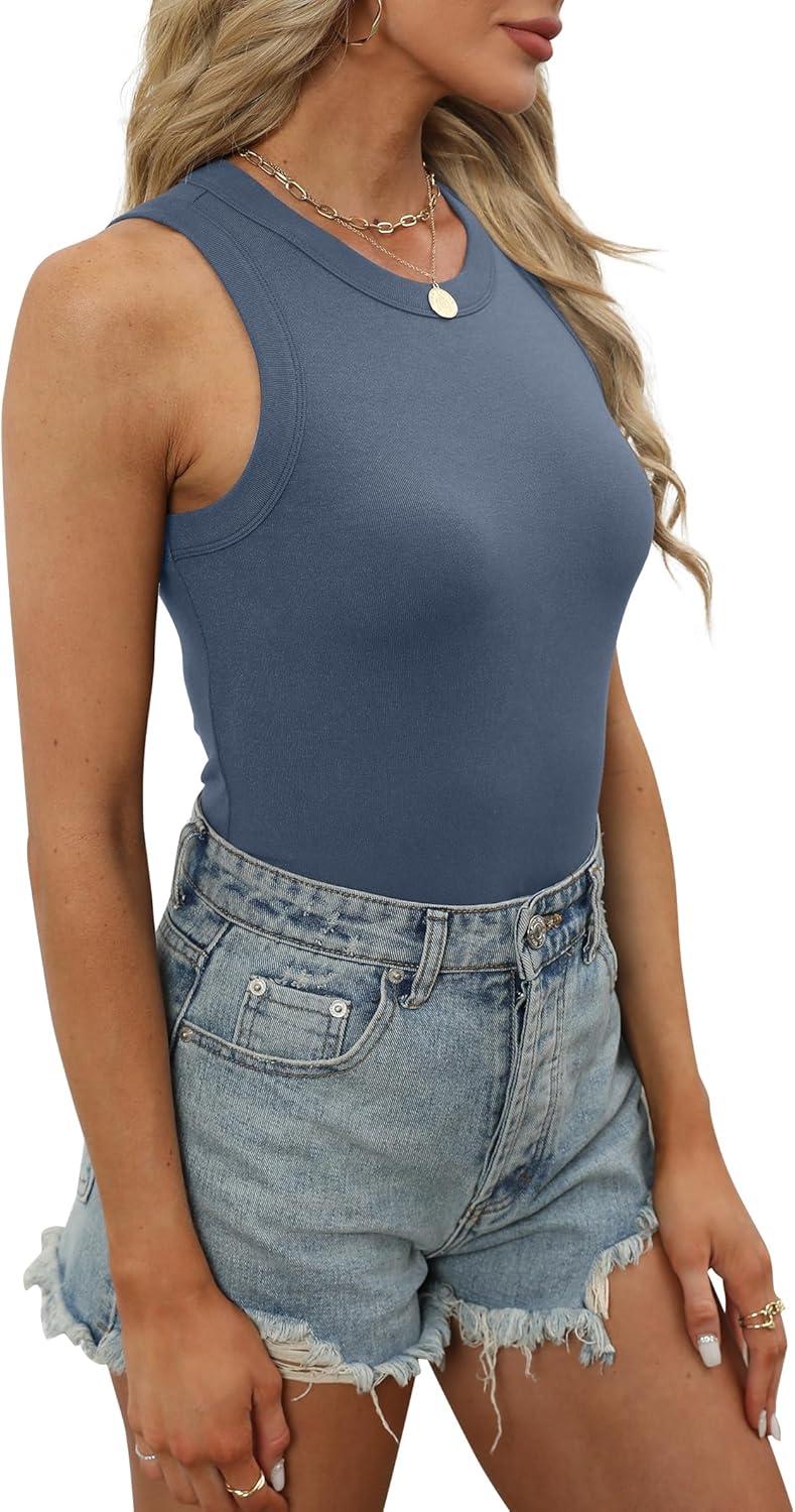 imageXIEERDUO Womens Summer Tank Tops Racerback High Neck Basic Casual Slim Fit Sleeveless 3 Pack053 Pack White Brown Grey