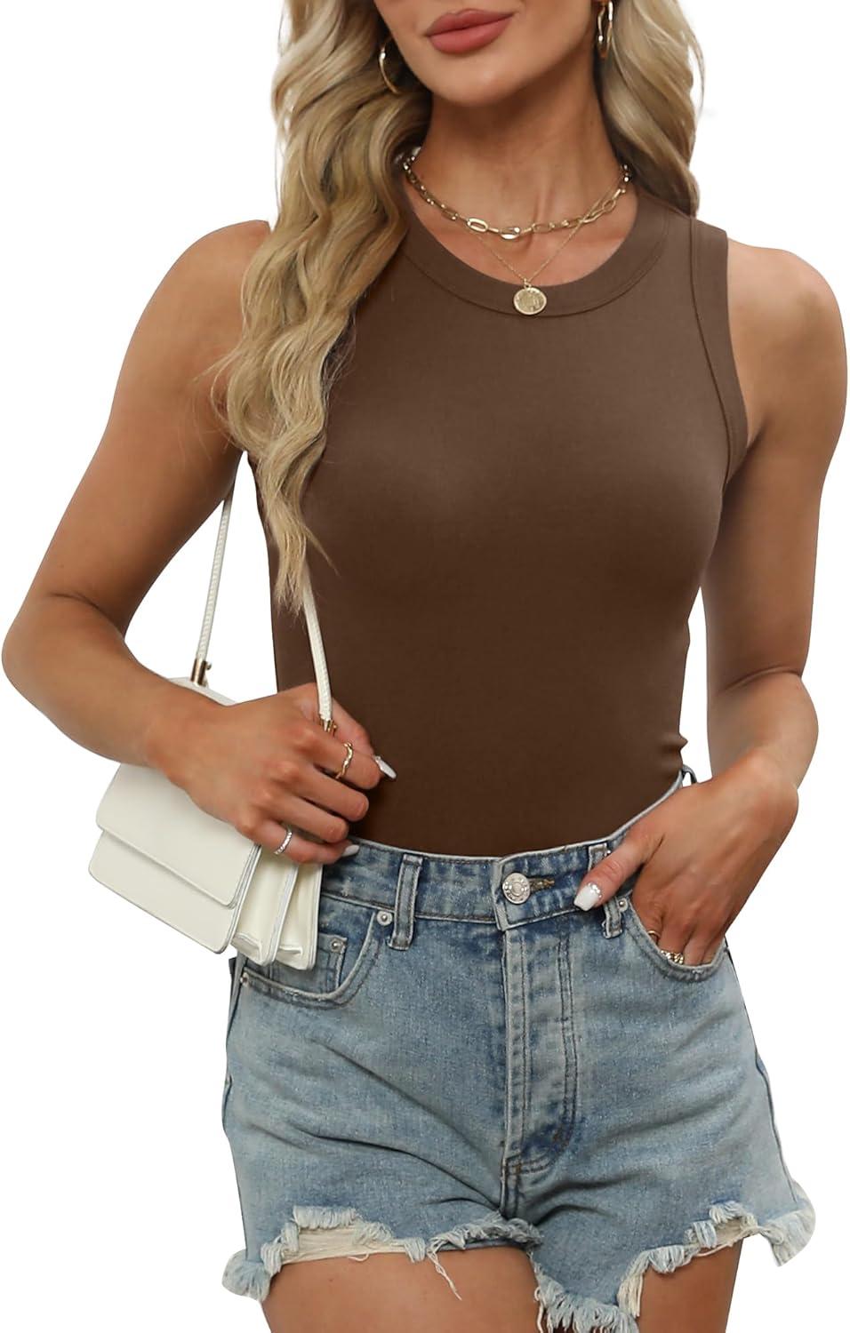 imageXIEERDUO Womens Summer Tank Tops Racerback High Neck Basic Casual Slim Fit Sleeveless 3 Pack063 Pack Black Beige Brown