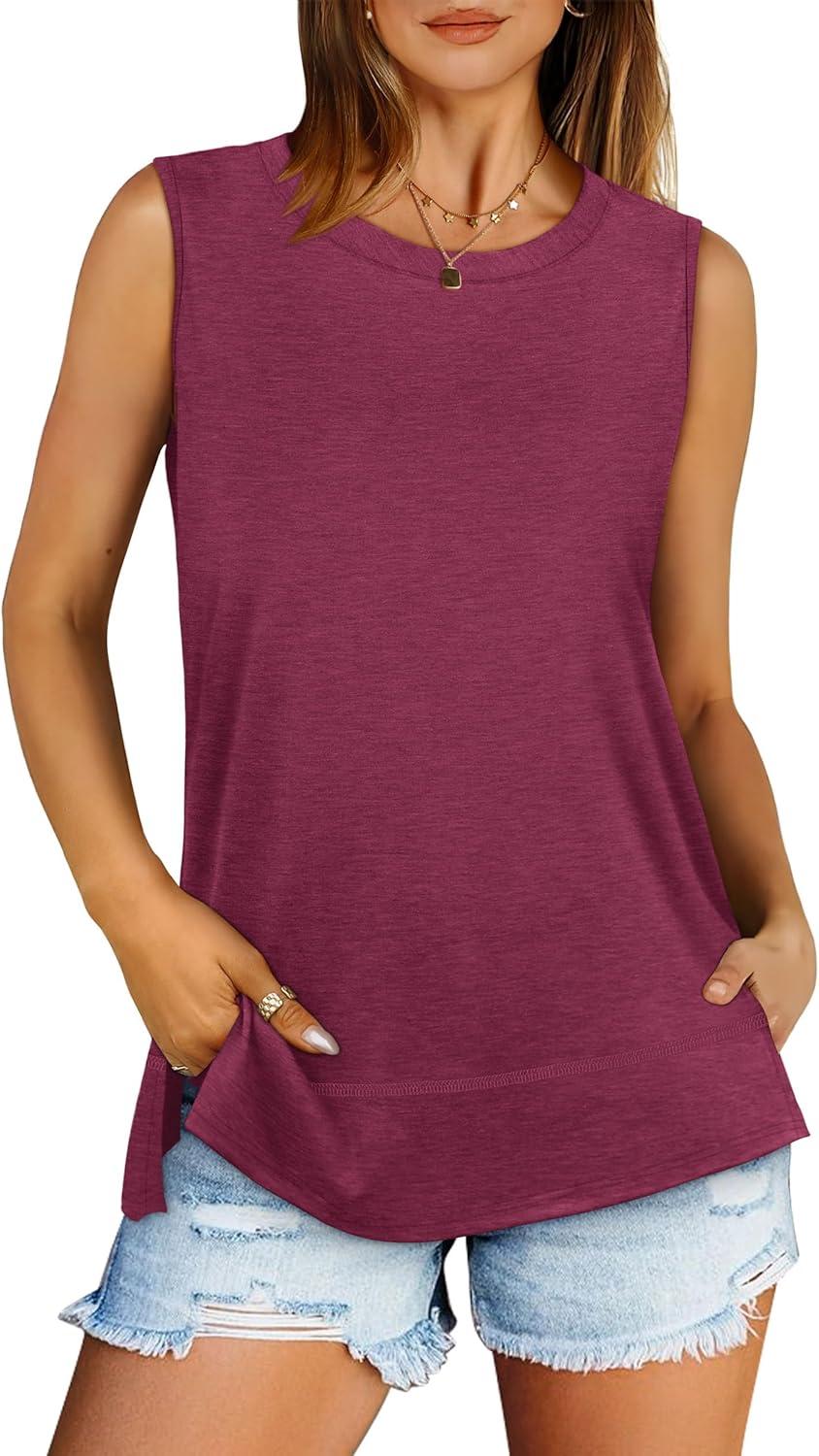 imageXIEERDUO Womens Summer Tank Tops Sleeveless Round Neck Casual Side Hem Tops Loose FitMauve