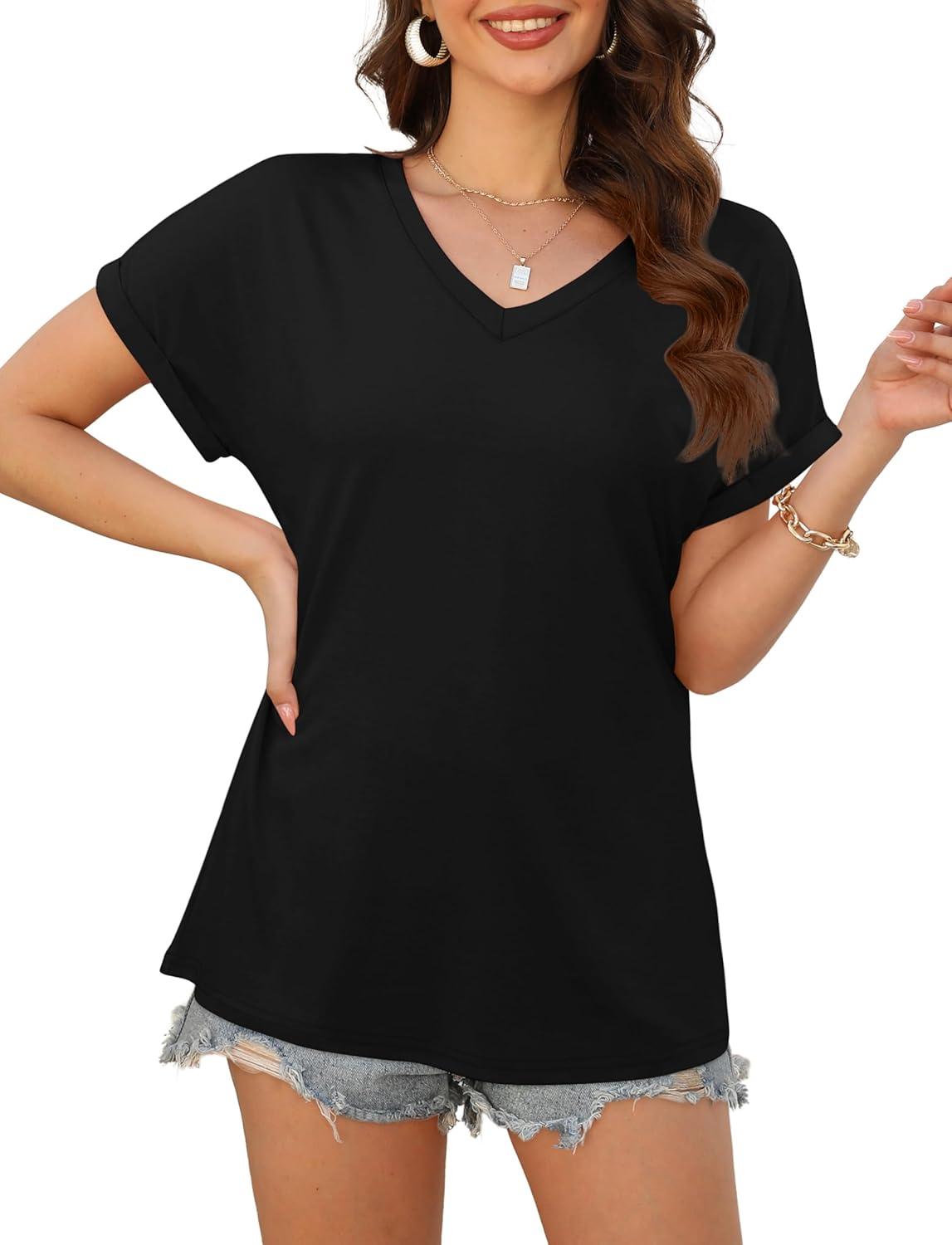imageXIEERDUO Womens Summer Tops Short Sleeve Shirts Casual V Neck T Shirt Loose Fit ComfyBlack