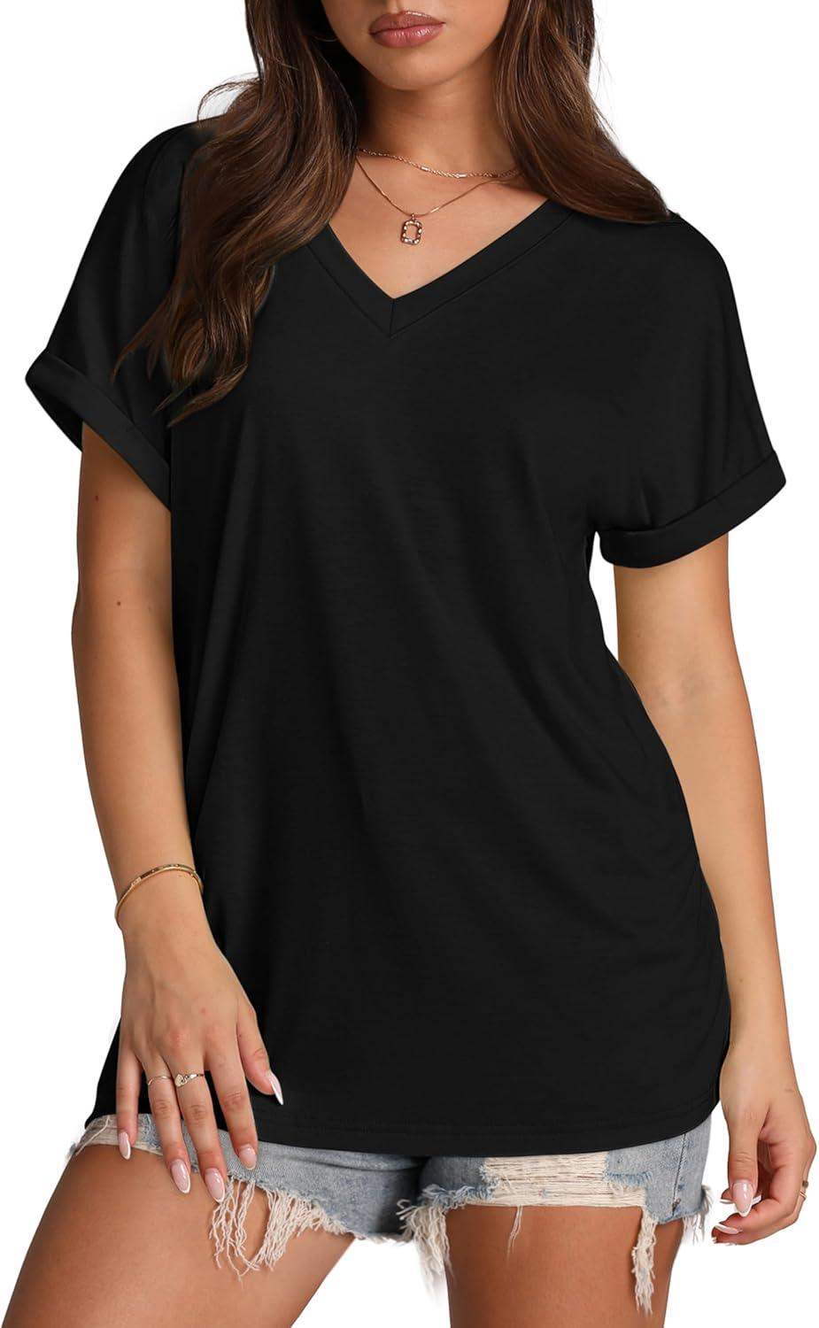 imageXIEERDUO Womens Summer Tops Short Sleeve Shirts Casual V Neck T Shirt Loose Fit ComfyBlack