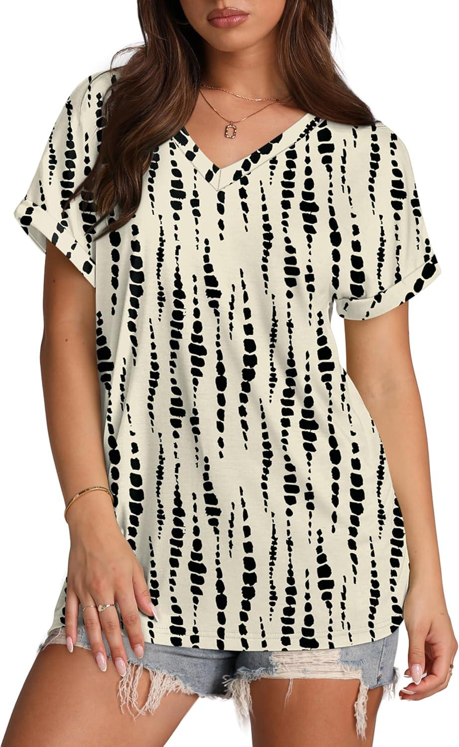 imageXIEERDUO Womens Summer Tops Short Sleeve Shirts Casual V Neck T Shirt Loose Fit ComfyBlack Dot