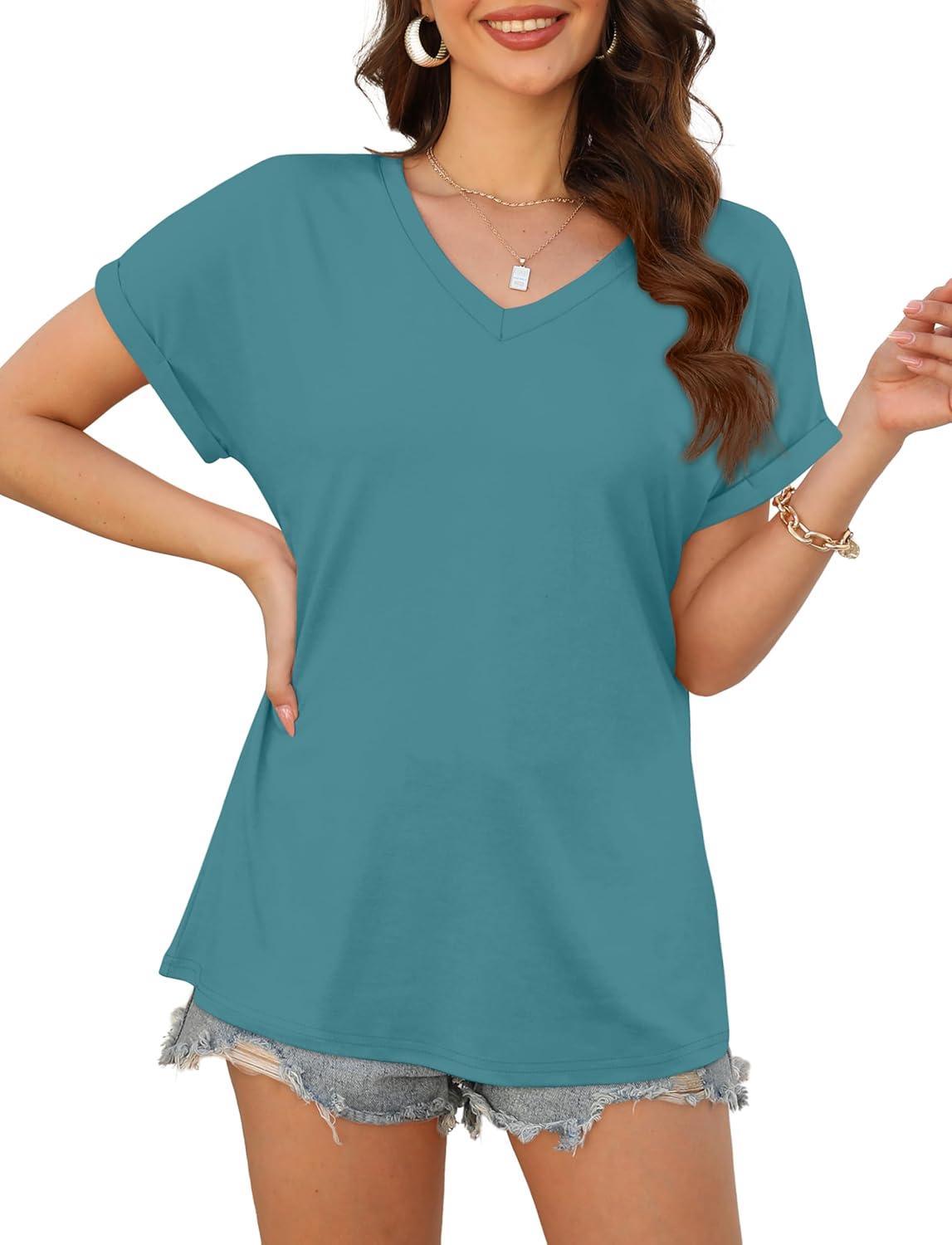 imageXIEERDUO Womens Summer Tops Short Sleeve Shirts Casual V Neck T Shirt Loose Fit ComfyBlue