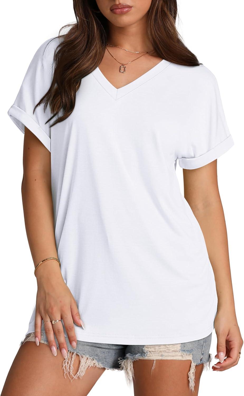 imageXIEERDUO Womens Summer Tops Short Sleeve Shirts Casual V Neck T Shirt Loose Fit ComfyBwhite