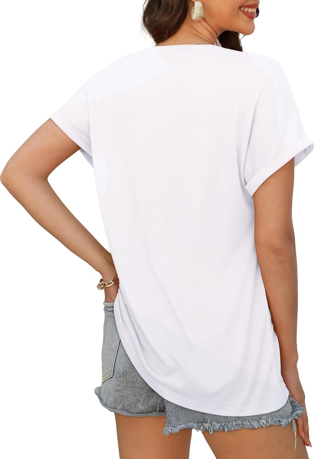 imageXIEERDUO Womens Summer Tops Short Sleeve Shirts Casual V Neck T Shirt Loose Fit ComfyBwhite