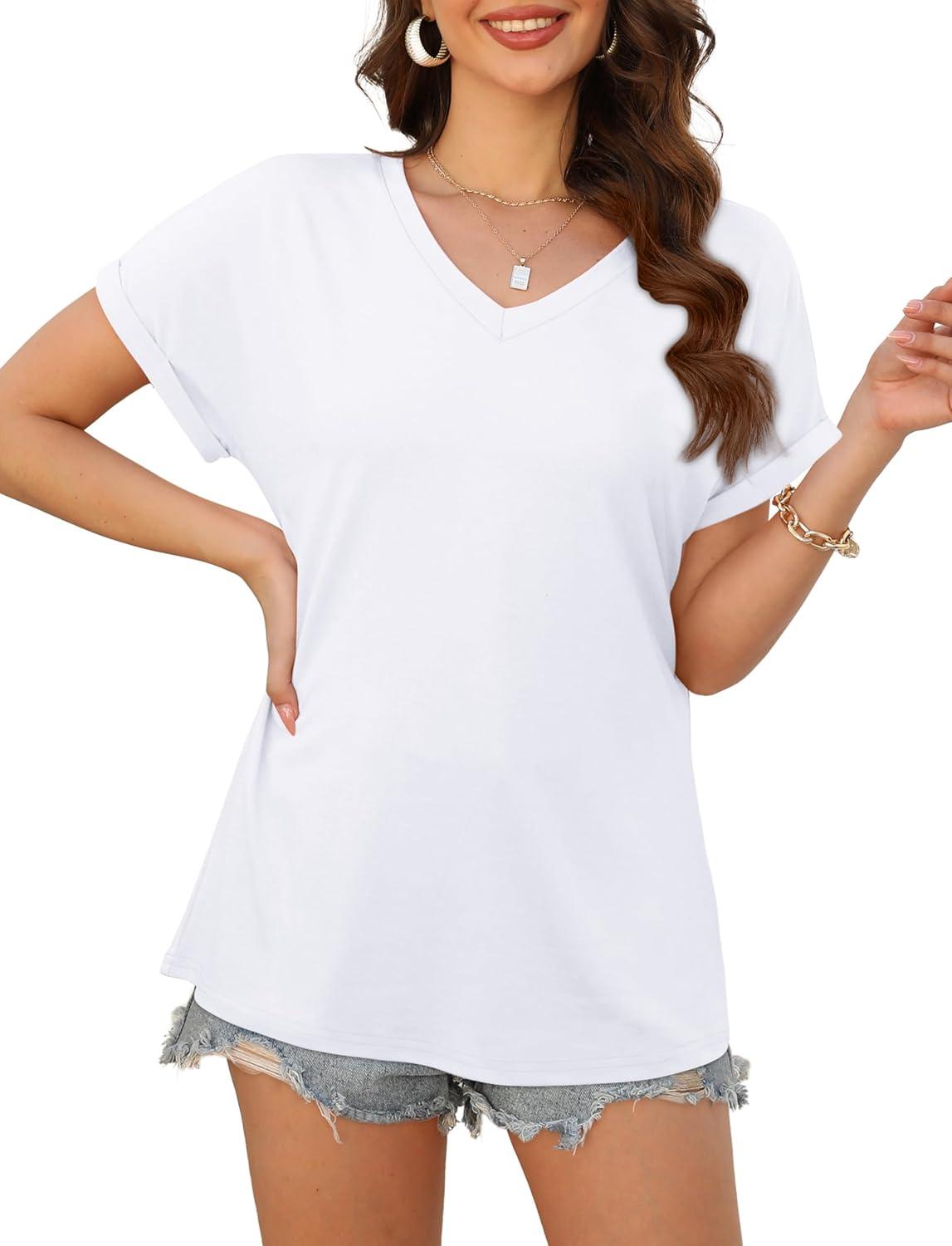 imageXIEERDUO Womens Summer Tops Short Sleeve Shirts Casual V Neck T Shirt Loose Fit ComfyBwhite