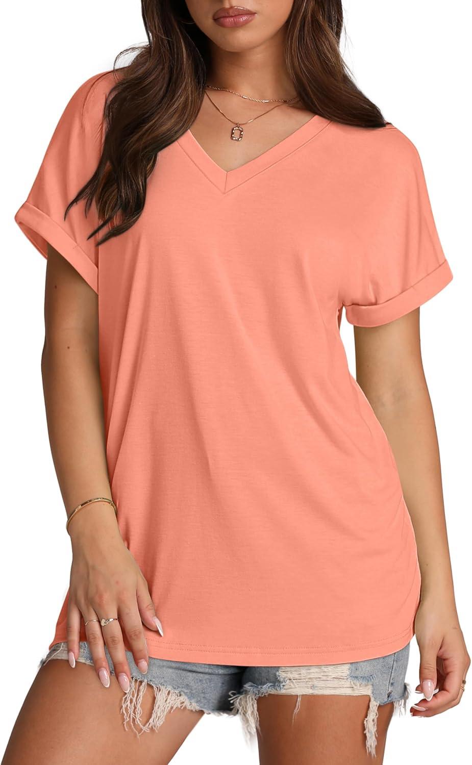 imageXIEERDUO Womens Summer Tops Short Sleeve Shirts Casual V Neck T Shirt Loose Fit ComfyCoral