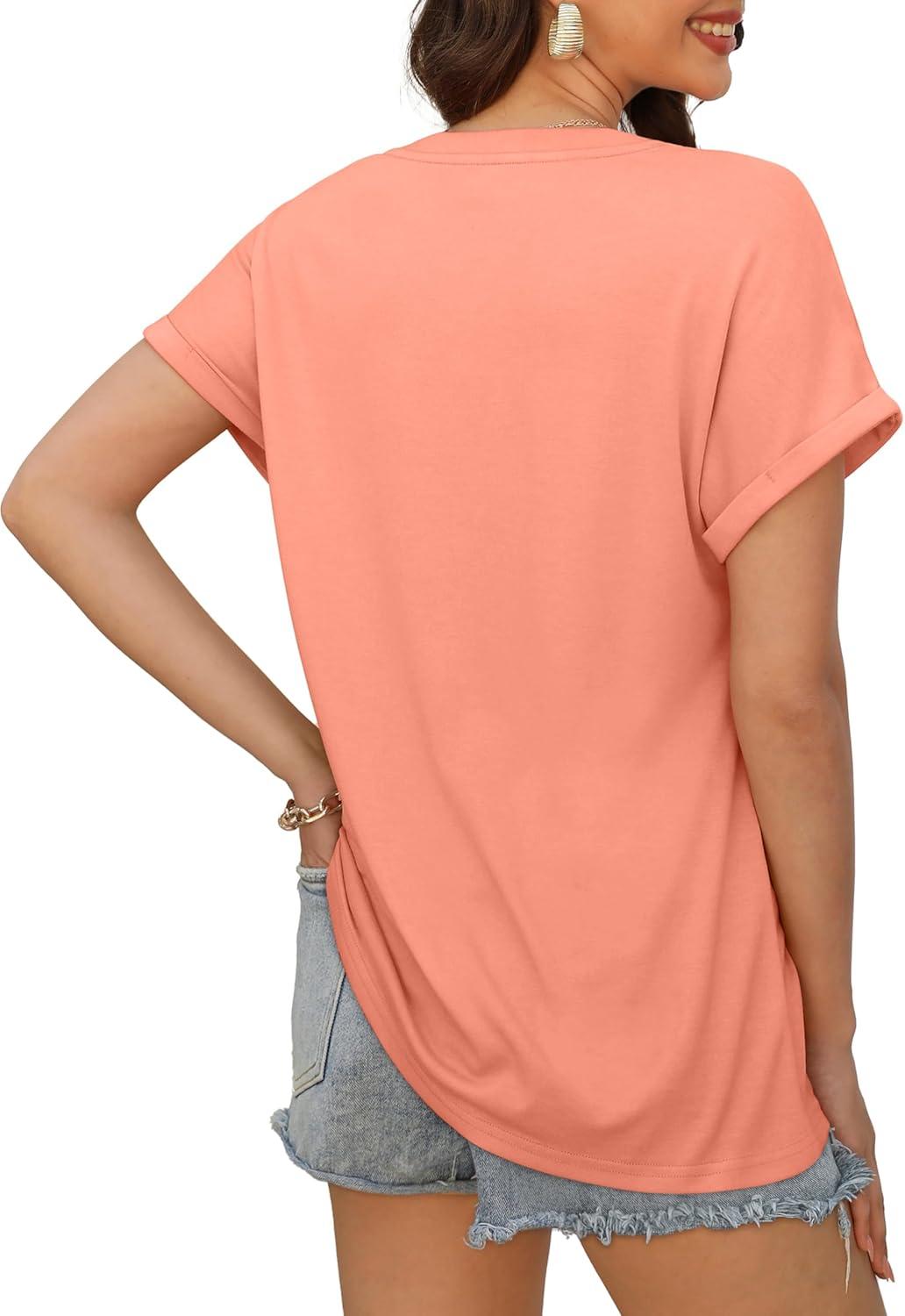 imageXIEERDUO Womens Summer Tops Short Sleeve Shirts Casual V Neck T Shirt Loose Fit ComfyCoral