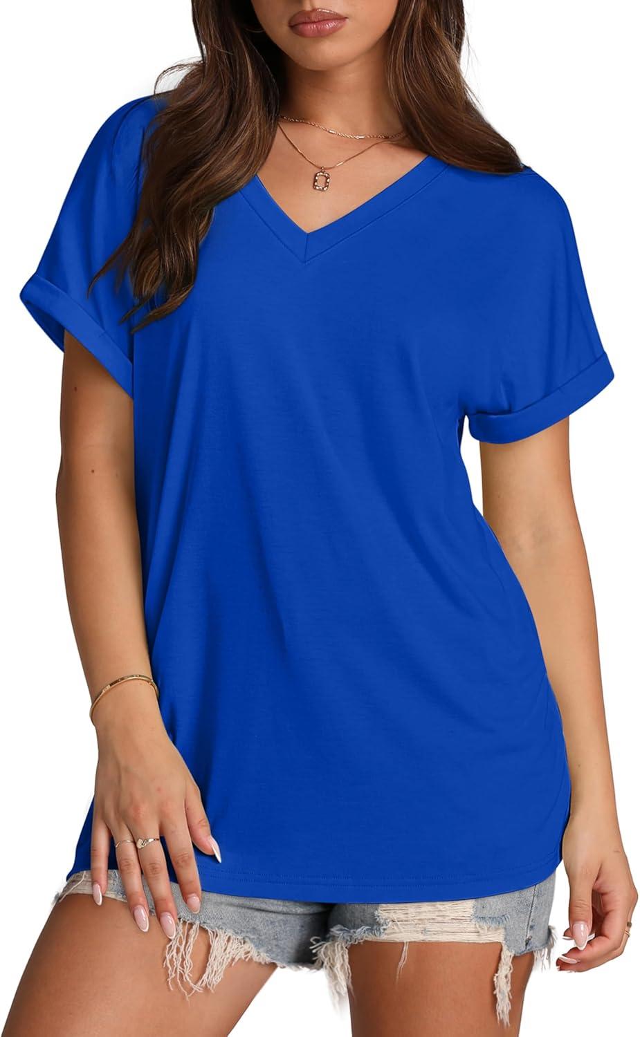 imageXIEERDUO Womens Summer Tops Short Sleeve Shirts Casual V Neck T Shirt Loose Fit ComfyCroyal Blue