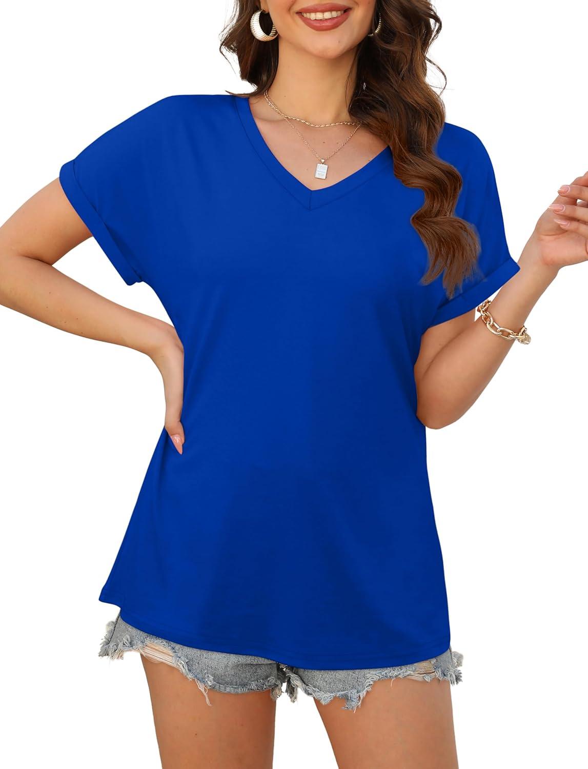 imageXIEERDUO Womens Summer Tops Short Sleeve Shirts Casual V Neck T Shirt Loose Fit ComfyCroyal Blue