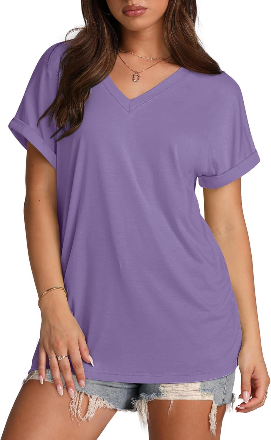 imageXIEERDUO Womens Summer Tops Short Sleeve Shirts Casual V Neck T Shirt Loose Fit ComfyCrpurple