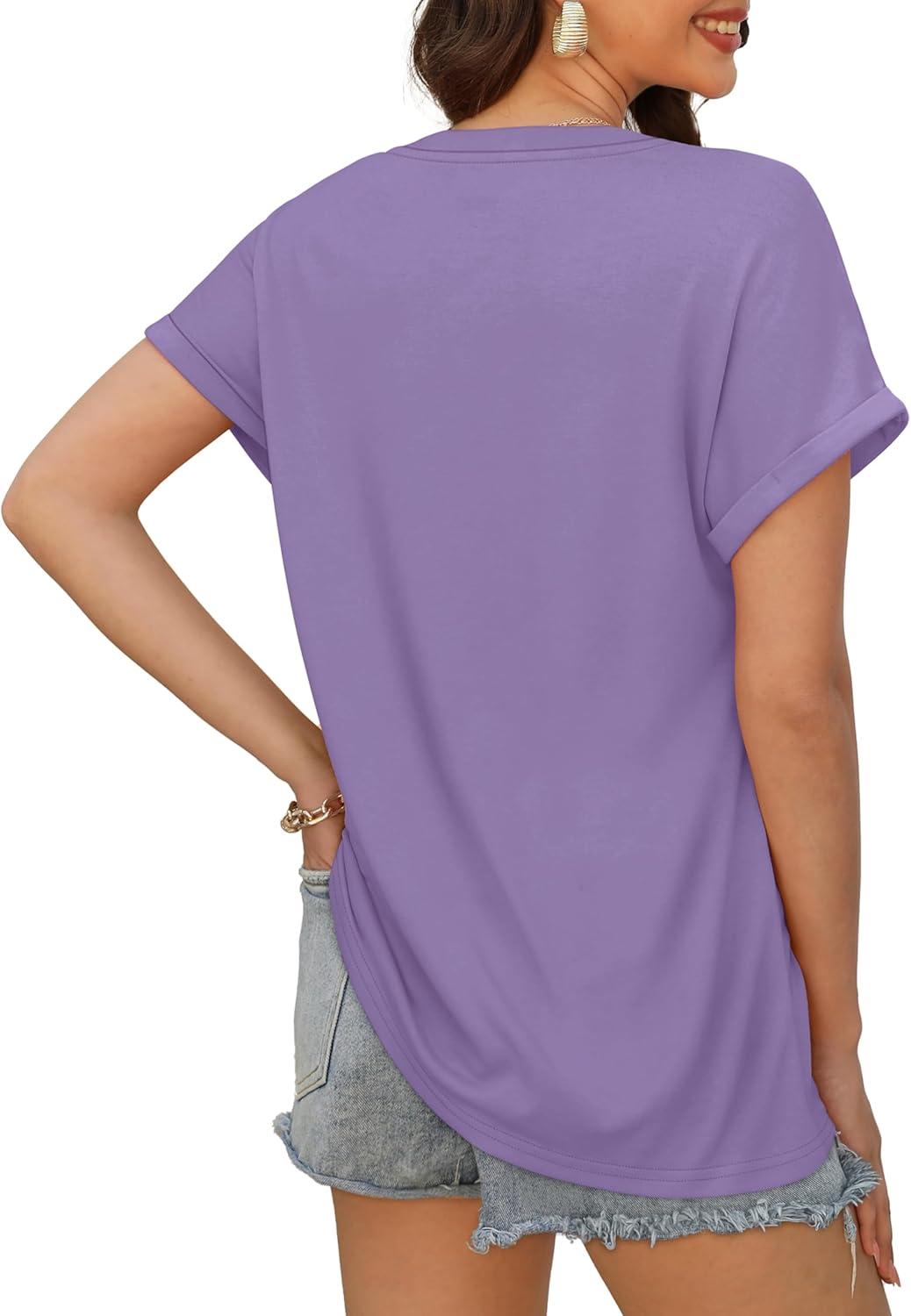 imageXIEERDUO Womens Summer Tops Short Sleeve Shirts Casual V Neck T Shirt Loose Fit ComfyCrpurple