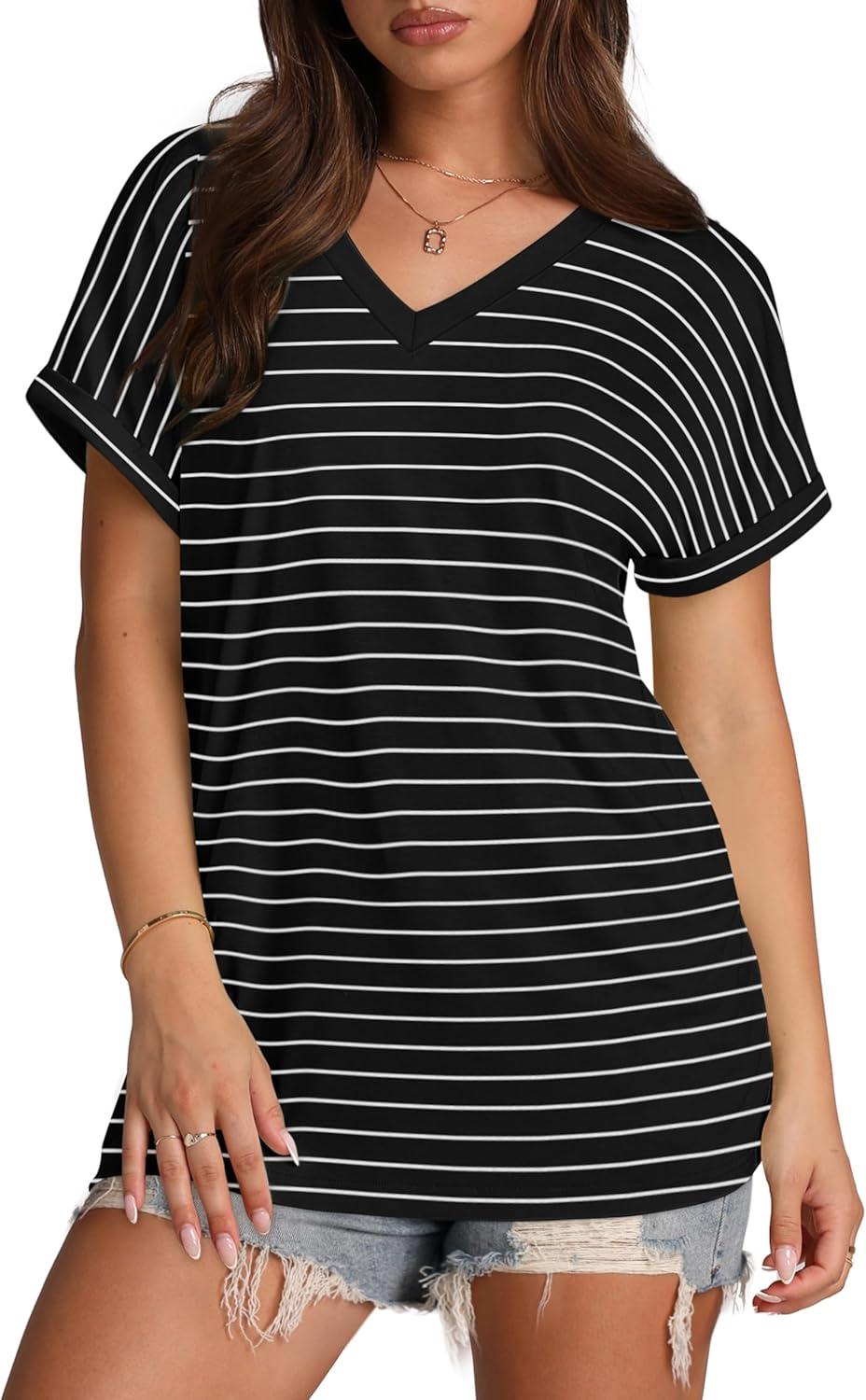 imageXIEERDUO Womens Summer Tops Short Sleeve Shirts Casual V Neck T Shirt Loose Fit ComfyCvblack Stripe