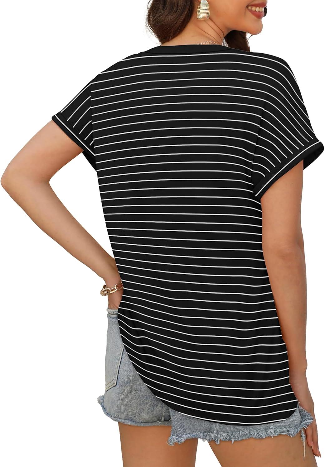 imageXIEERDUO Womens Summer Tops Short Sleeve Shirts Casual V Neck T Shirt Loose Fit ComfyCvblack Stripe