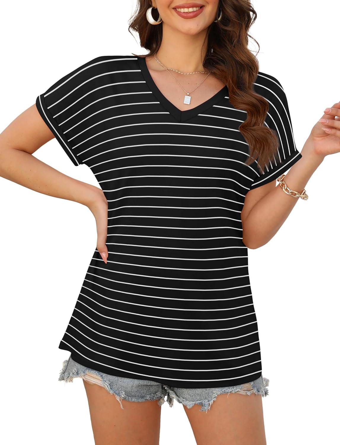 imageXIEERDUO Womens Summer Tops Short Sleeve Shirts Casual V Neck T Shirt Loose Fit ComfyCvblack Stripe