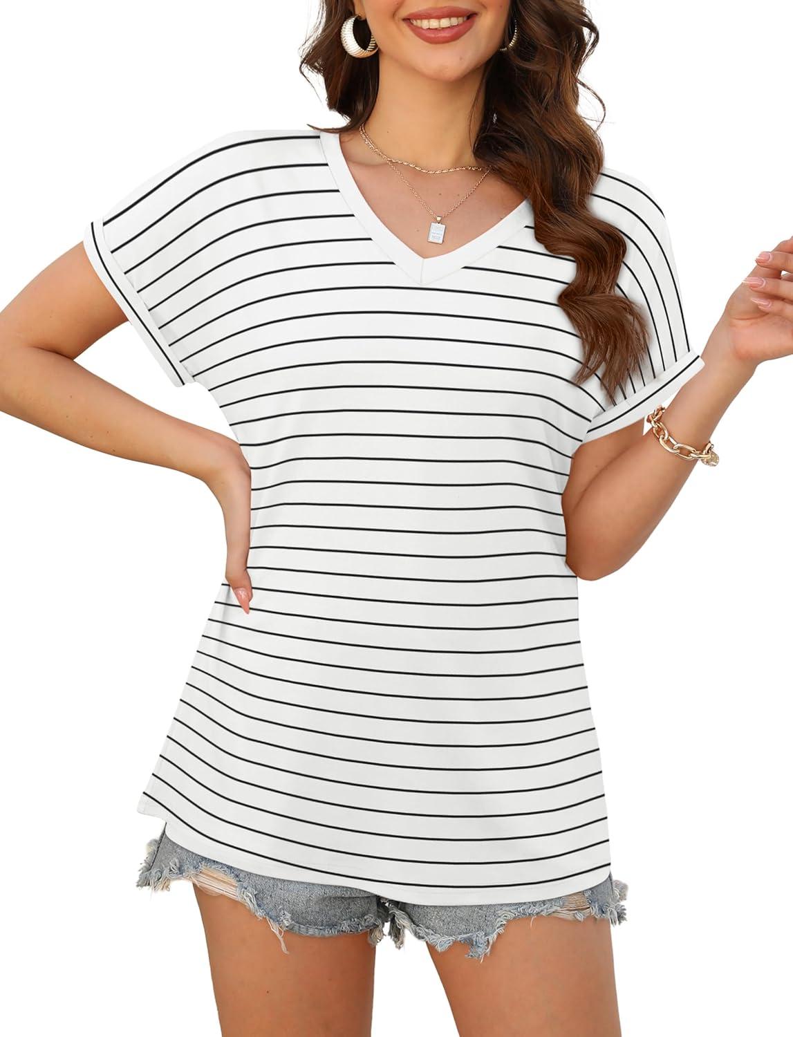 imageXIEERDUO Womens Summer Tops Short Sleeve Shirts Casual V Neck T Shirt Loose Fit ComfyCvwhite Stripe