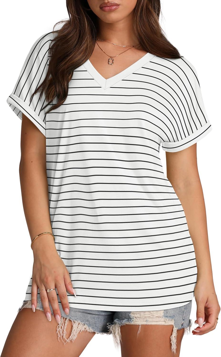 imageXIEERDUO Womens Summer Tops Short Sleeve Shirts Casual V Neck T Shirt Loose Fit ComfyCvwhite Stripe