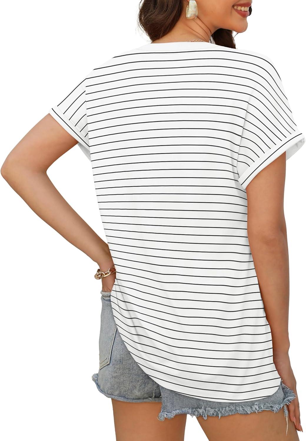 imageXIEERDUO Womens Summer Tops Short Sleeve Shirts Casual V Neck T Shirt Loose Fit ComfyCvwhite Stripe