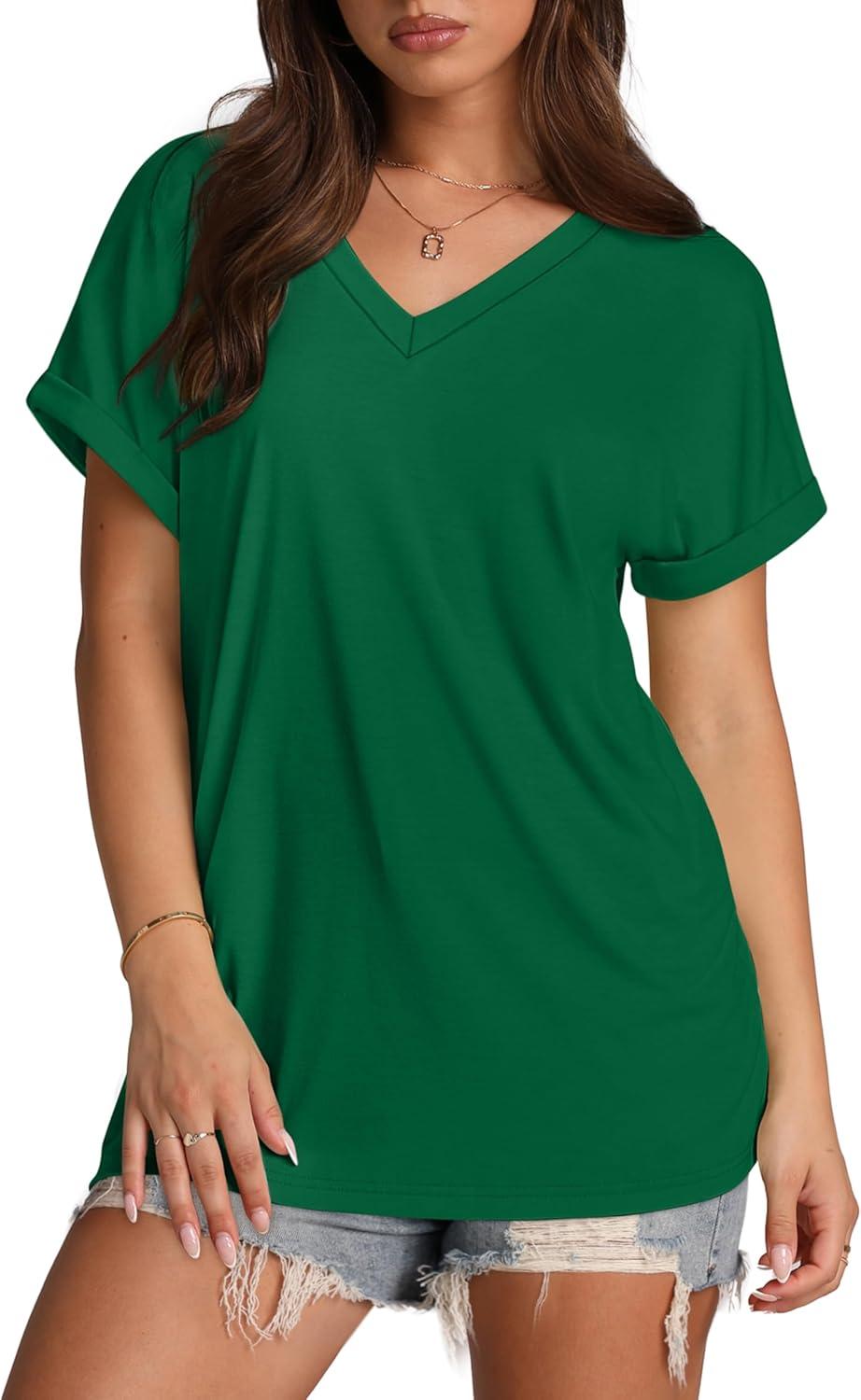 imageXIEERDUO Womens Summer Tops Short Sleeve Shirts Casual V Neck T Shirt Loose Fit ComfyDark Green