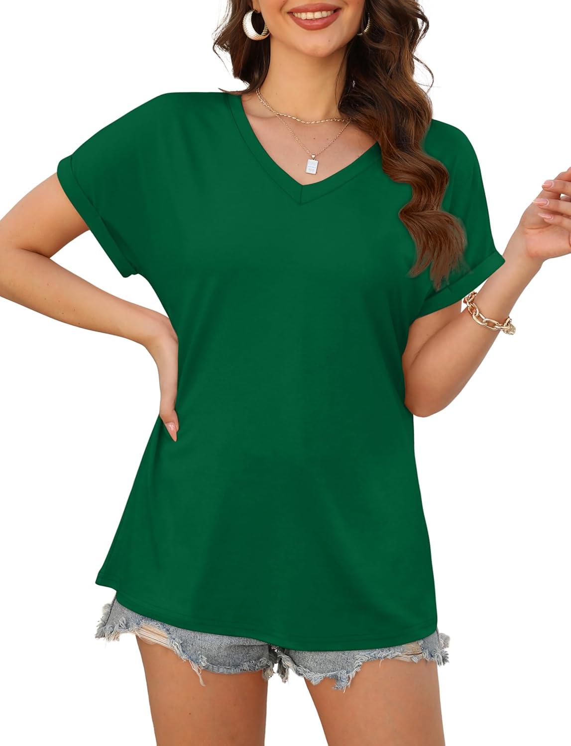 imageXIEERDUO Womens Summer Tops Short Sleeve Shirts Casual V Neck T Shirt Loose Fit ComfyDark Green