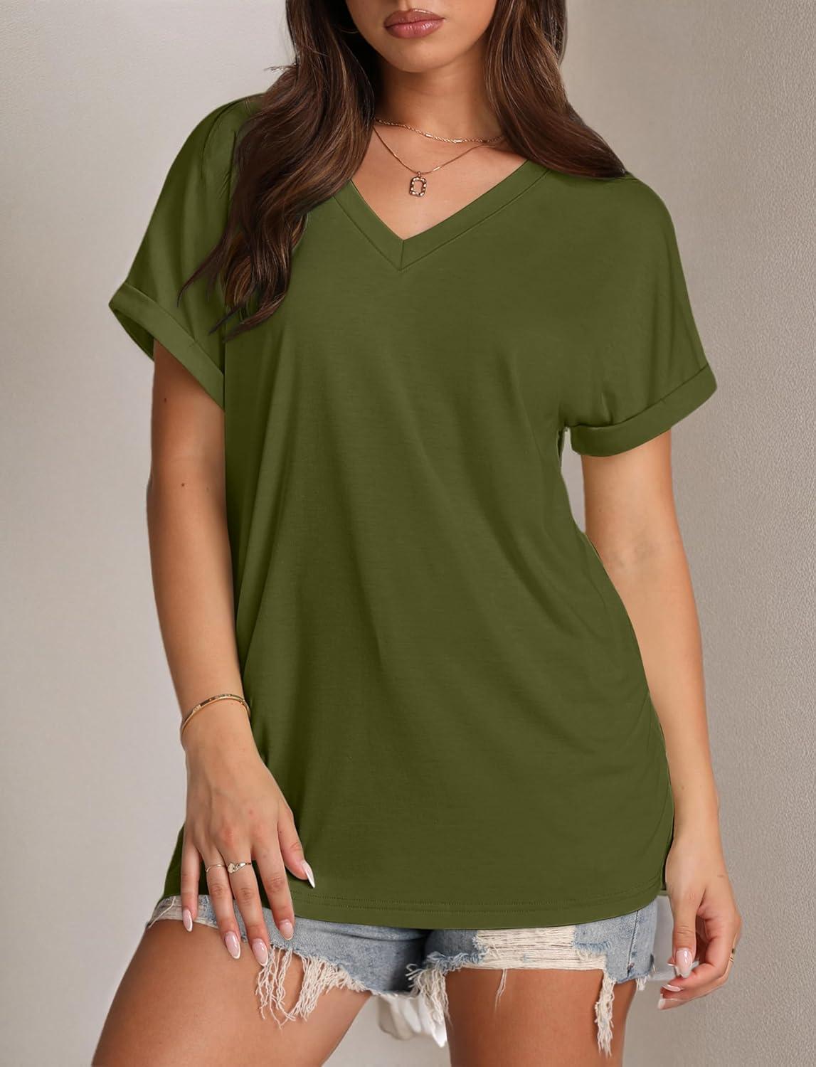 imageXIEERDUO Womens Summer Tops Short Sleeve Shirts Casual V Neck T Shirt Loose Fit ComfyDarmy Green