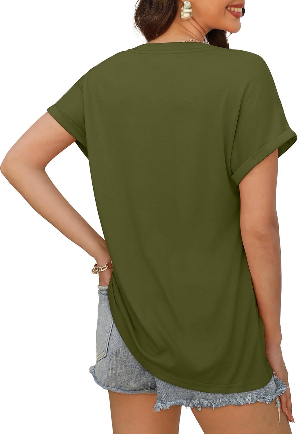imageXIEERDUO Womens Summer Tops Short Sleeve Shirts Casual V Neck T Shirt Loose Fit ComfyDarmy Green