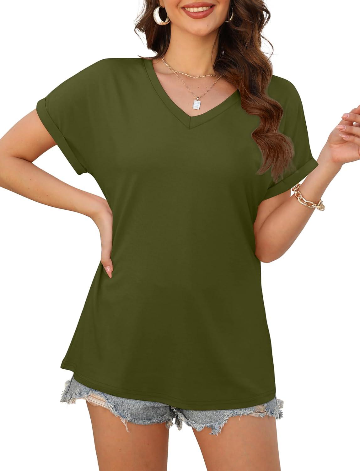 imageXIEERDUO Womens Summer Tops Short Sleeve Shirts Casual V Neck T Shirt Loose Fit ComfyDarmy Green