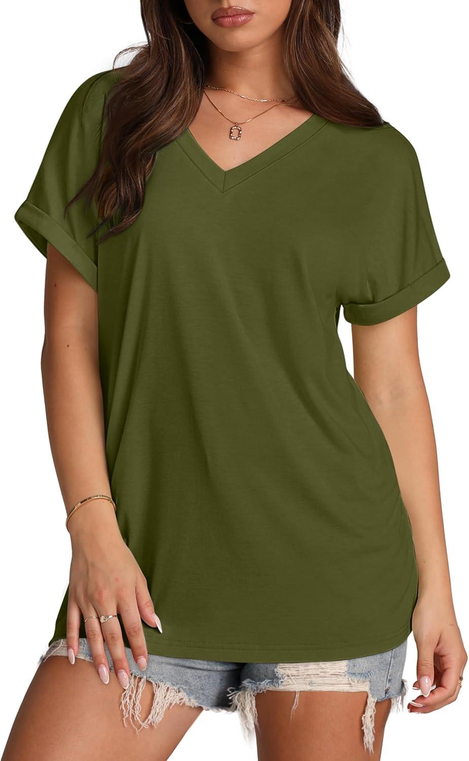 imageXIEERDUO Womens Summer Tops Short Sleeve Shirts Casual V Neck T Shirt Loose Fit ComfyDarmy Green
