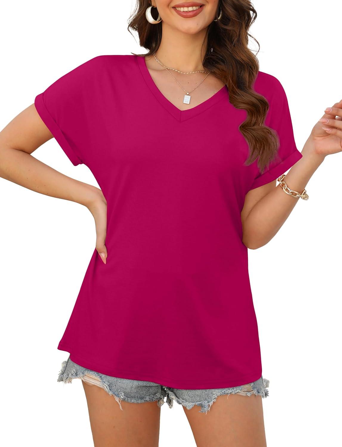 imageXIEERDUO Womens Summer Tops Short Sleeve Shirts Casual V Neck T Shirt Loose Fit ComfyDeep Pink