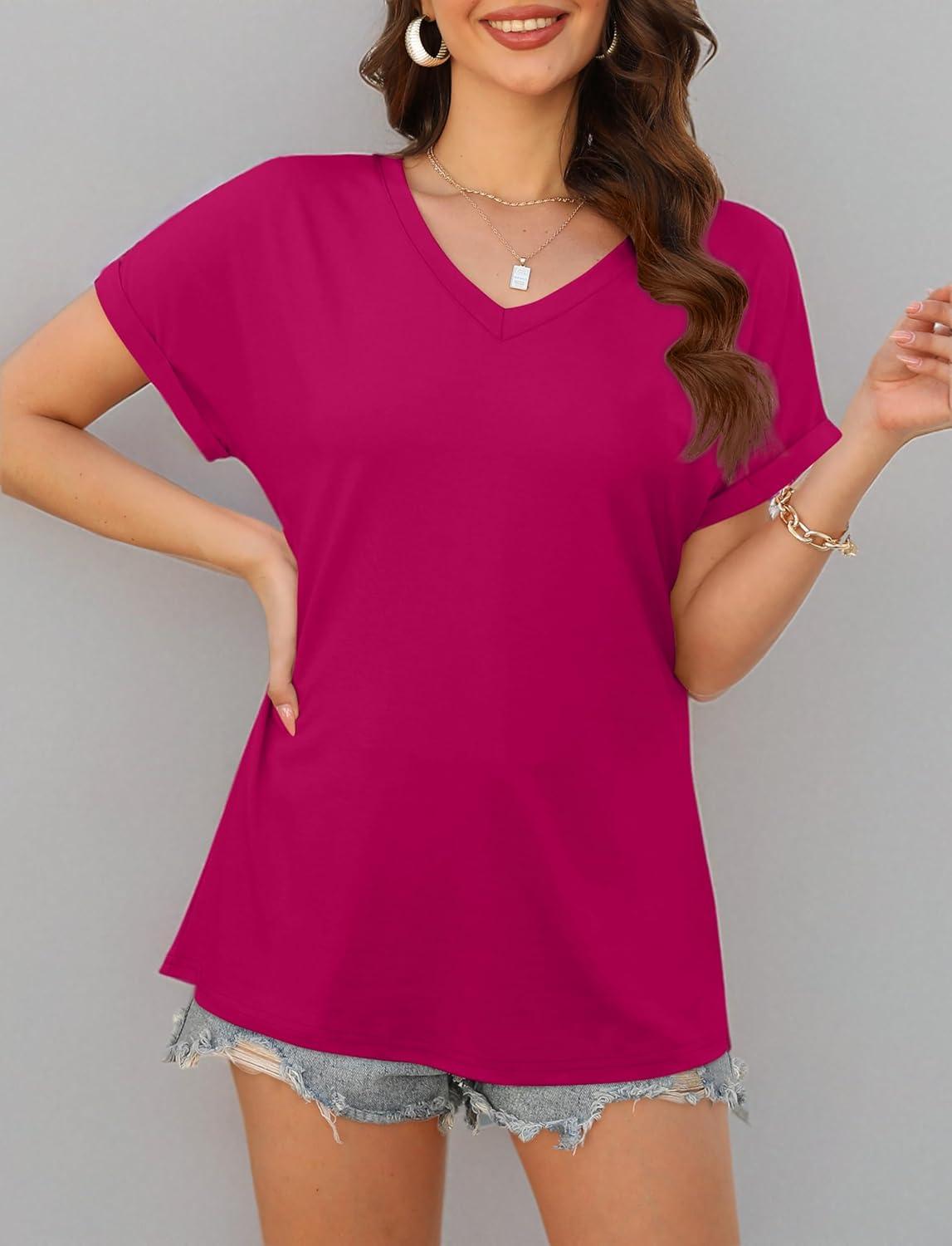 imageXIEERDUO Womens Summer Tops Short Sleeve Shirts Casual V Neck T Shirt Loose Fit ComfyDeep Pink