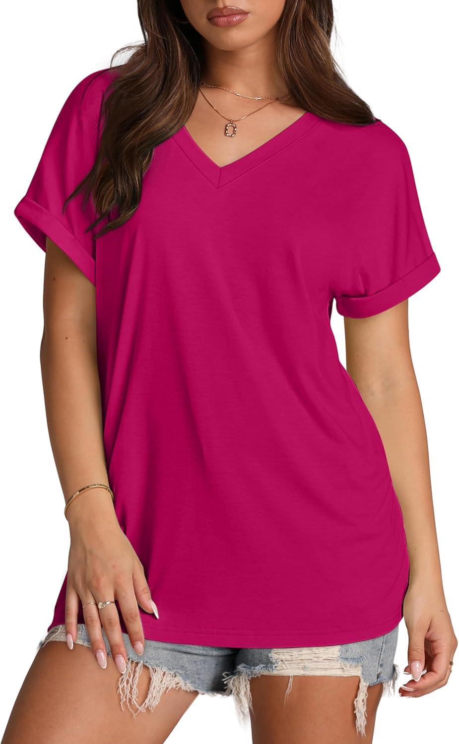 imageXIEERDUO Womens Summer Tops Short Sleeve Shirts Casual V Neck T Shirt Loose Fit ComfyDeep Pink
