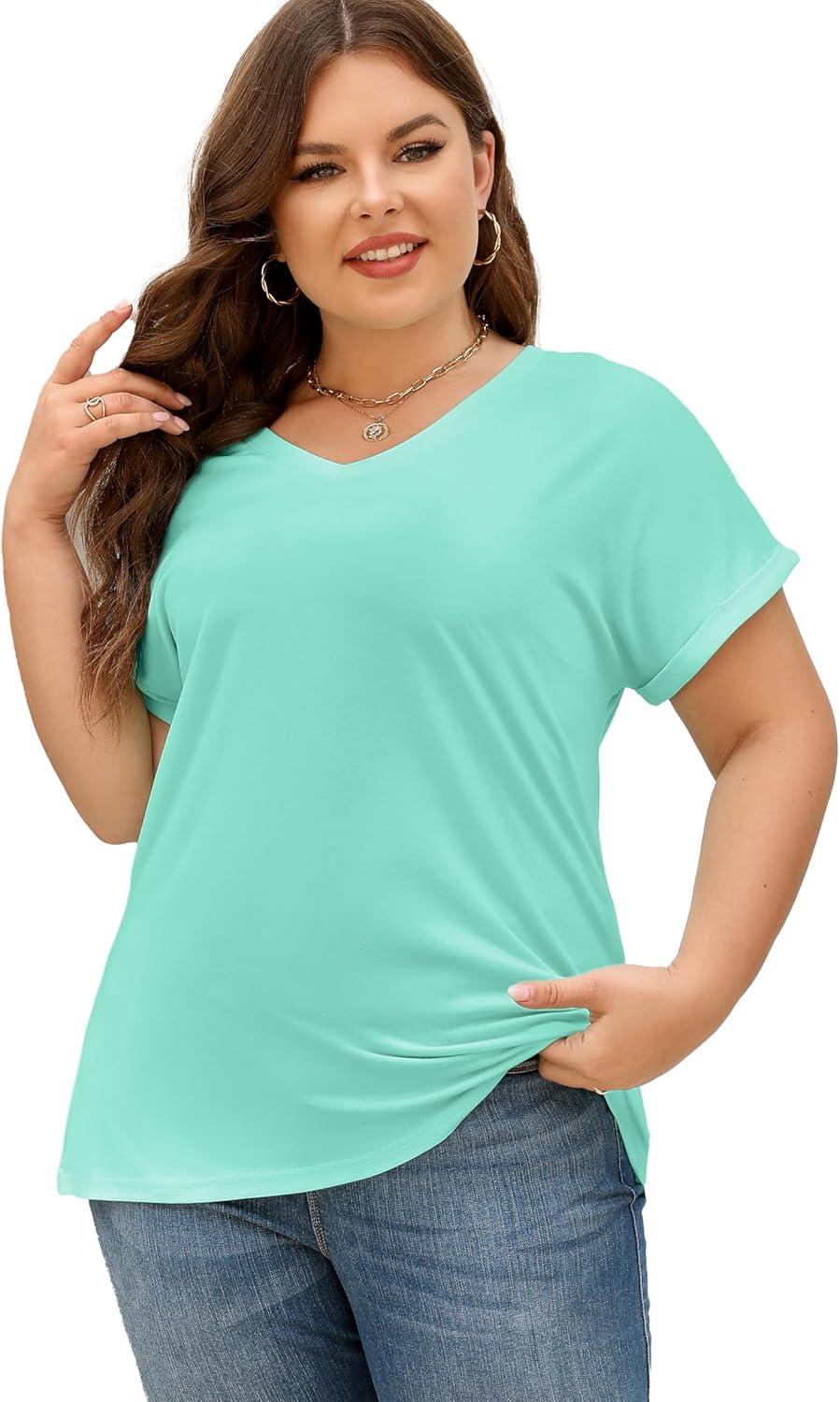 imageXIEERDUO Womens Summer Tops Short Sleeve Shirts Casual V Neck T Shirt Loose Fit ComfyDlake Green