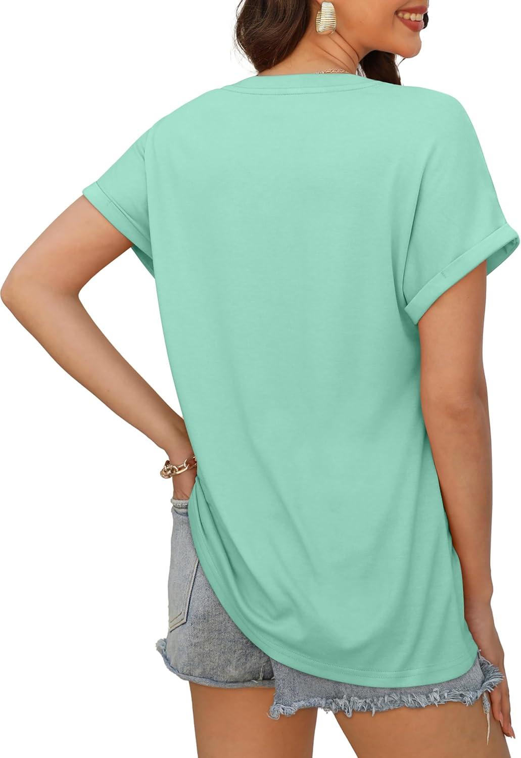 imageXIEERDUO Womens Summer Tops Short Sleeve Shirts Casual V Neck T Shirt Loose Fit ComfyDlake Green