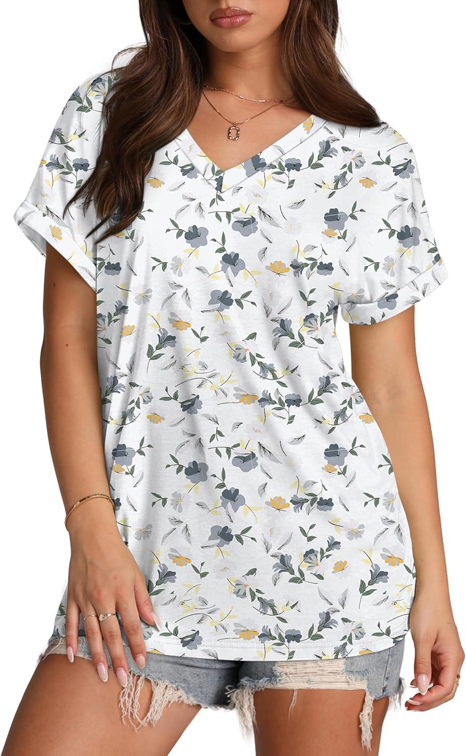 imageXIEERDUO Womens Summer Tops Short Sleeve Shirts Casual V Neck T Shirt Loose Fit ComfyHblue Floral