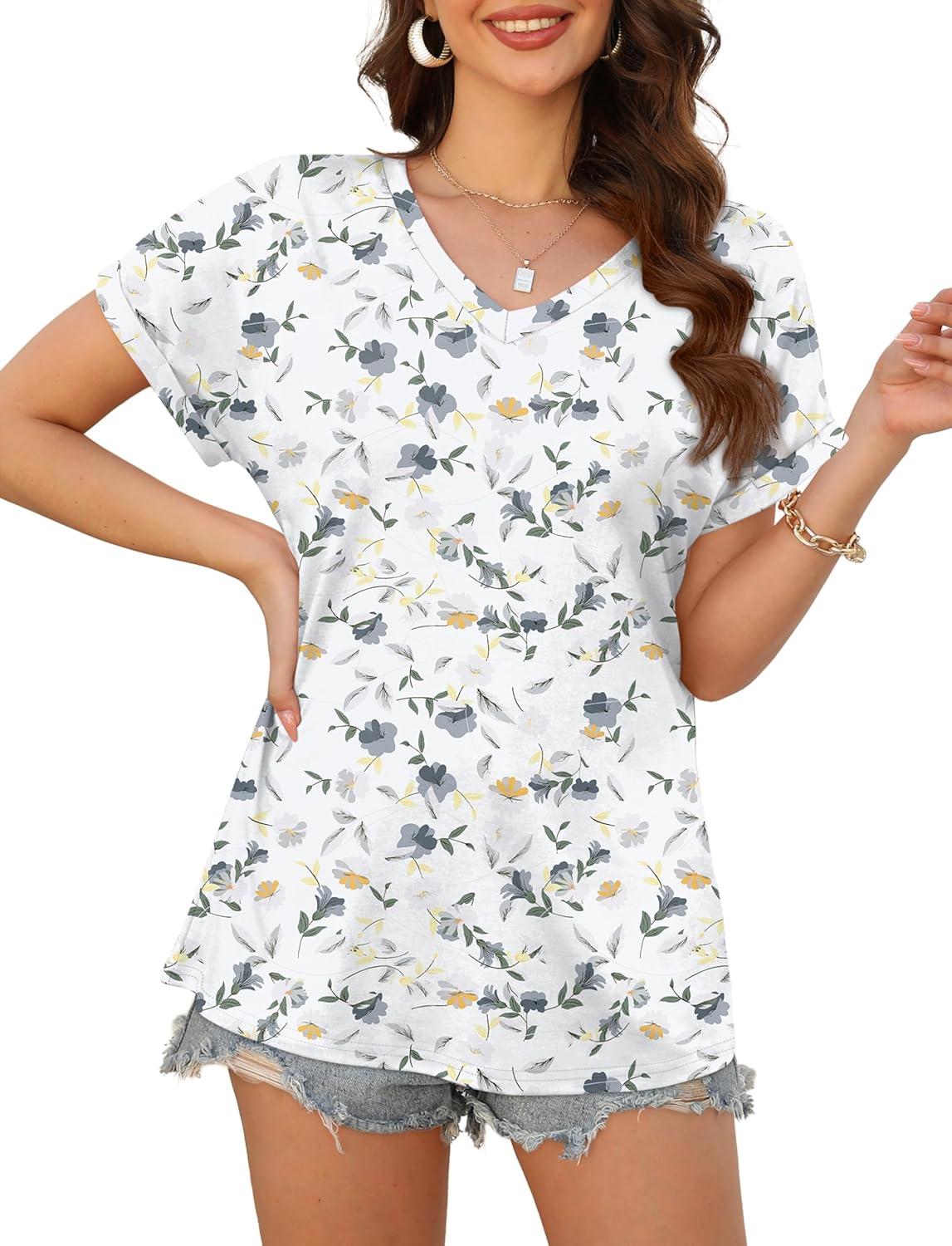 imageXIEERDUO Womens Summer Tops Short Sleeve Shirts Casual V Neck T Shirt Loose Fit ComfyHblue Floral